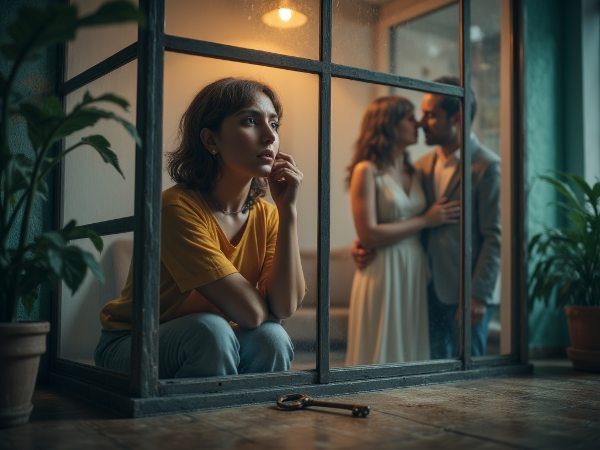 Eine Frau, gefangen in einem Glaskäfig aus negativen Gedanken, sehnt sich nach der warmen Intimität eines Paares draußen.