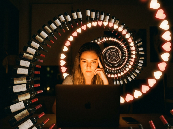 Eine Illustration der Doppelfalle aus Liebesabhängigkeit und problematischem Alkoholkonsum, dargestellt durch eine nachdenkliche Frau und symbolische, sich verstärkende Spiralen.