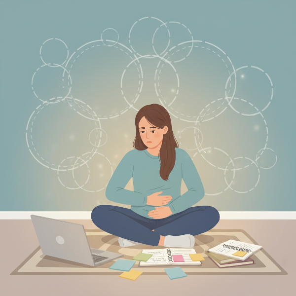 Eine junge Beraterin am Anfang ihrer Karriere ringt mit den körperlichen Symptomen von Stress und Perfektionismus, während sie sich auf ihre erste Online-Sitzung vorbereitet.