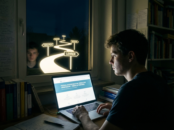 Ein junger Gründer reflektiert bei Nacht über seine psychologische Beratungs-Website, während ein Weg der Möglichkeiten vor ihm entsteht.