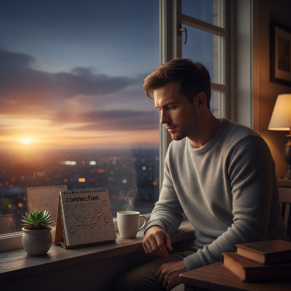 Ein nachdenklicher junger Mann in der Abenddämmerung, der zwischen den Anforderungen des Alltags und dem Wunsch nach echter Verbindung sucht.