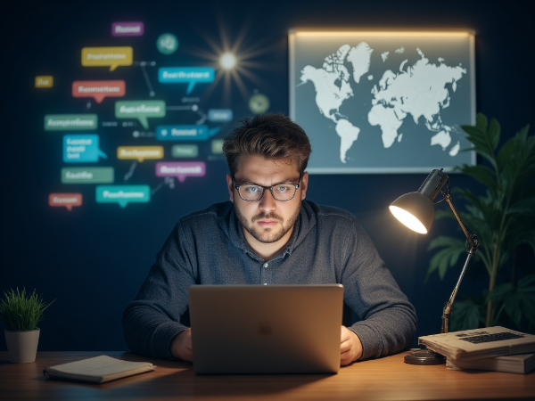 Ein Mann fühlt sich beruflich ausgebrannt, während Symbole für neue Wege und Hoffnung sichtbar werden.