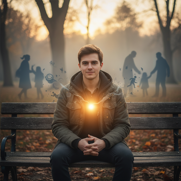 Ein junger Mann findet durch Selbstmitgefühl innere Stärke, während familiäre Belastungen im Hintergrund schwinden.