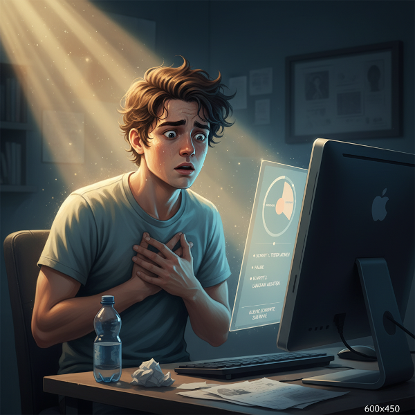 Ein 18-jähriger Mann erlebt eine Panikattacke vor seinem Computer, während beruhigende Visualisierungen von Atemtechniken und kleinen Schritten auf dem Bildschirm erscheinen.