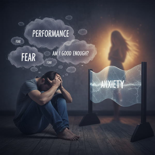 Ein junger Mann, der von lähmenden Gedanken über Intimität und Leistungsdruck umgeben ist, während eine Barriere aus Angst ihn von der gewünschten Nähe trennt.