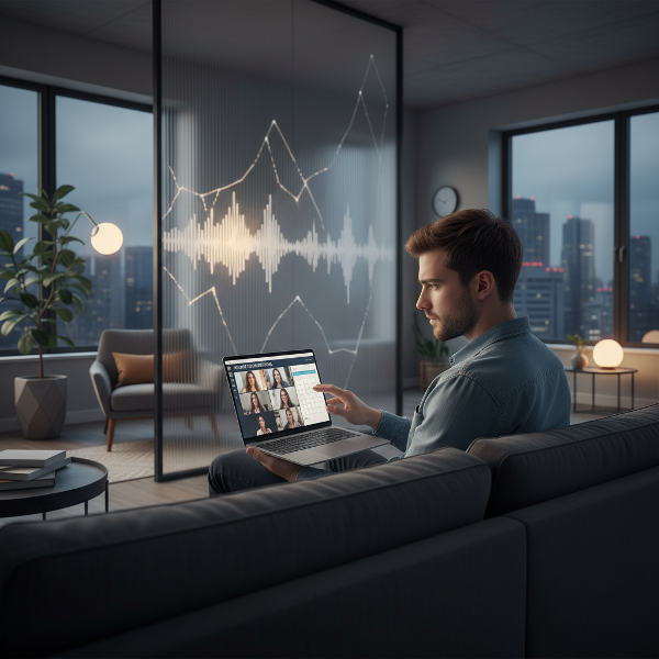 Ein junger Mann in einer neuen Stadt reflektiert über Einsamkeit und Kommunikationsängste bei Remote-Arbeit, mit Symbolen für psychosomatische Belastung.