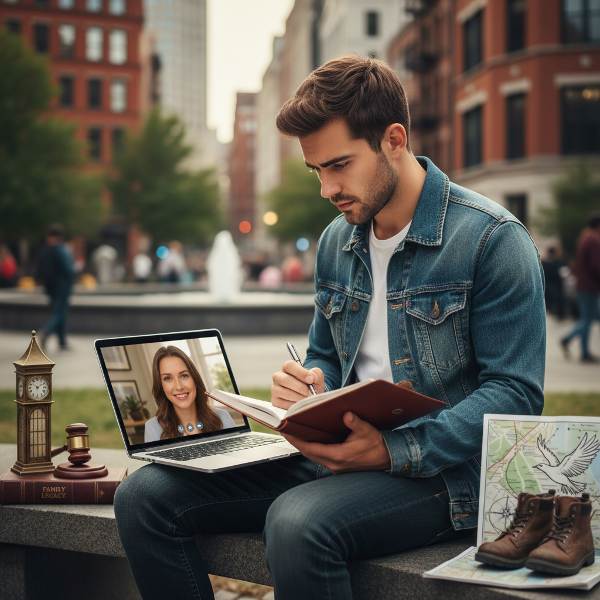 Ein nachdenklicher junger Mann in einer städtischen Umgebung sucht online psychologische Beratung, hin- und hergerissen zwischen familiären Erwartungen und persönlicher Freiheit.