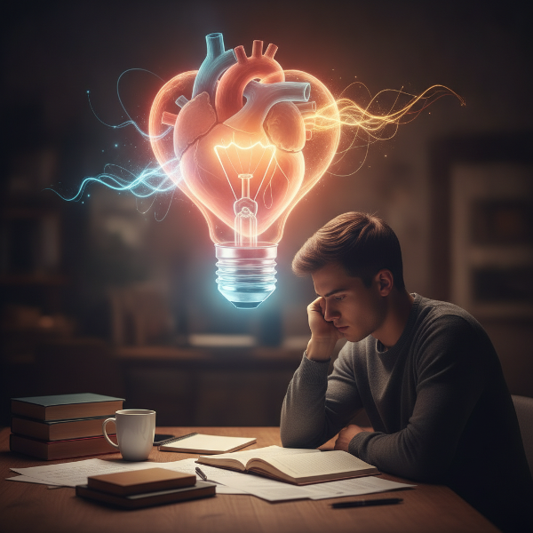 Ein junger Mann sitzt nachdenklich am Schreibtisch, umgeben von Symbolen für Studium und Beziehung, während ein Herz und eine Birne verschmelzen, um die Balance zwischen Leistung und Nähe darzustellen.