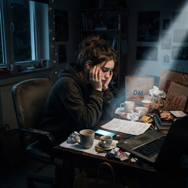 Ein junger Mann in seinem Zimmer, umgeben von Einkaufstüten, leeren Tassen und Notizen, wirkt nachdenklich und niedergeschlagen, während ein Lichtstrahl vom Fenster auf einen Kalender mit positiven Symbolen fällt