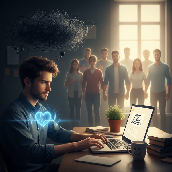 Ein junger Mann überwindet Ängste beim Start seiner Online-Praxis, unterstützt durch ein Netzwerk und kleine Erfolge.