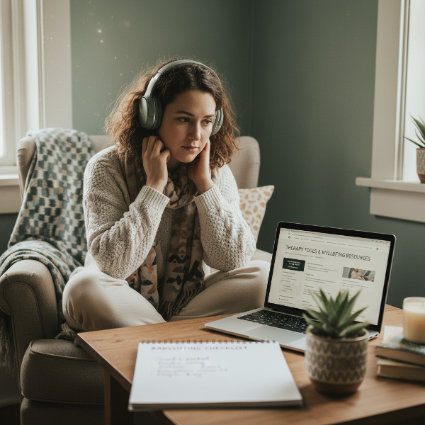 Eine junge Frau nutzt Online-Ressourcen und Musik, um mit sozialer Angst umzugehen, in einer ruhigen, unterstützenden Umgebung.