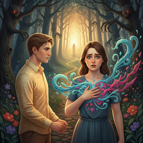 Eine junge Frau erlebt einen inneren Konflikt zwischen dem Wunsch nach Nähe und panischen Fluchtimpulsen in einer liebevollen Beziehung, dargestellt durch emotionale und körperliche Symbolik.