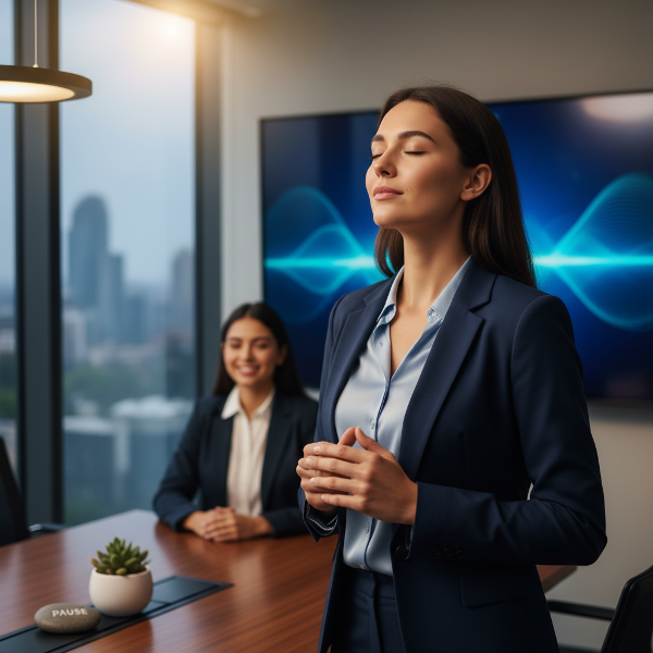 Eine junge Frau bereitet sich mit Atemtechniken auf eine wichtige Präsentation vor, um ihre Nervosität zu überwinden.