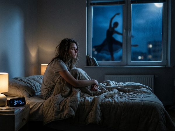 Eine junge Frau mit Schlafproblemen und Niedergeschlagenheit im Schlafzimmer, mit einem Kontrast aus tanzender Silhouette als Symbol für verlorene Freude.