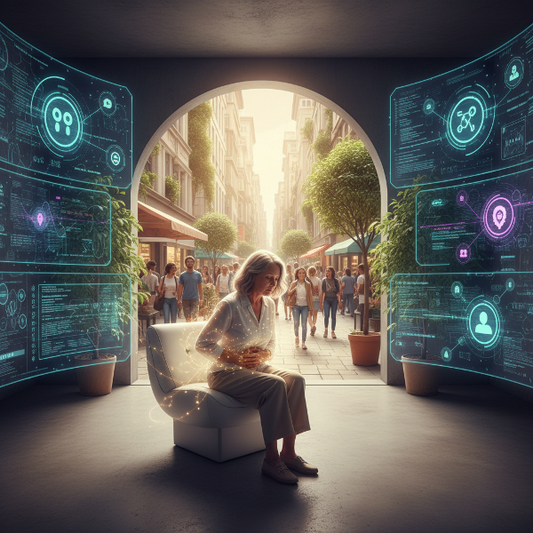 Μια γυναίκα μέσης ηλικίας βιώνει ψυχοσωματική μοναξιά σε ένα ψηφιακό σπίτι, ενώ ένα παράθυρο αποκαλύπτει μια ζωντανή, συμπονετική εξωτερική ζωή που την καλεί.