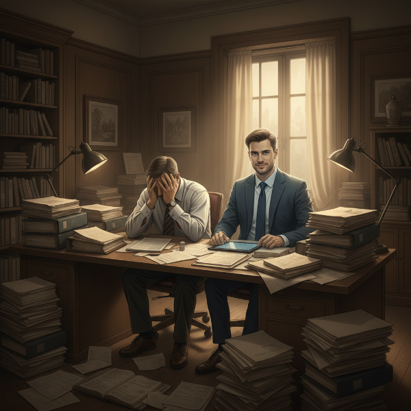 Ένας 59χρονος λογιστής νιώθει εξουθενωμένος και αμφιβάλλει για τον εαυτό του στο γραφείο, ενώ μια διαφανής εκδοχή του εαυτού του φαίνεται σίγουρη. Ένα απαλό φως υποδηλώνει ελπίδα.