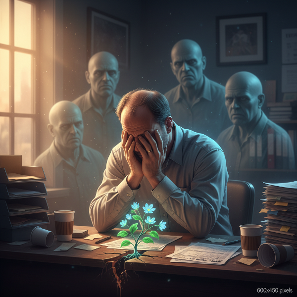 Ένας άντρας λογιστής μεσαίας ηλικίας σε γραφείο, που αισθάνεται συντριπτικός από την αυτοκριτική, με ένα ελπιδοφόρο σημάδι ανάπτυξης ανάμεσα στο χάος.