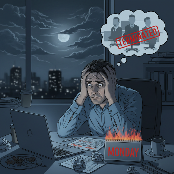 Μια εικόνα που απεικονίζει έναν άνδρα με έντονο άγχος, ίσως σε ένα σκοτεινό δωμάτιο Κυριακή βράδυ, με έκφραση ανησυχίας και σωματικά συμπτώματα όπως ιδρώτα, ενώ σκέφτεται το μέλλον της εργασίας του.