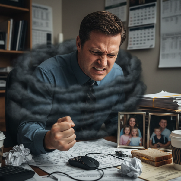 Ένας 48χρονος λογιστής στο γραφείο του, με ένταση στο πρόσωπο και μια σπασμένη συσκευή, ενώ μια συμβολική πίεση πνίγει το στήθος του.