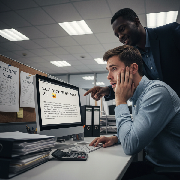 Ένας νέος λογιστής στο γραφείο του αισθάνεται ανασφάλεια και αυτοαμφισβήτηση λόγω υποτιμητικών σχολίων ενός συναδέλφου, ενώ ταυτόχρονα υπάρχουν ένδειξη των πραγματικών του επιτευγμάτων.