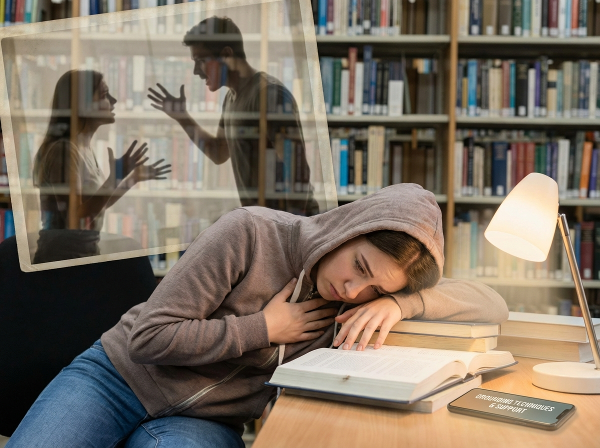 Μια νεαρή φοιτήτρια αγχωμένη στη βιβλιοθήκη, με ένα βάρος στο στήθος και μια αόριστη οικογενειακή σκιά, ενώ ένα απαλό φως συμβολίζει στρατηγικές αντιμετώπισης και ελπίδα.