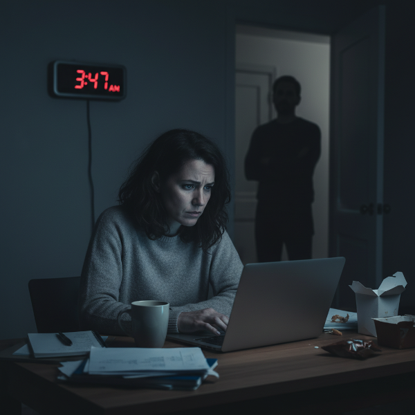 Μια κουρασμένη γυναίκα δουλεύει αργά τη νύχτα στο γραφείο του σπιτιού της, παγιδευμένη σε έναν κύκλο εθισμού στην εργασία και απώλειας προσωπικών ορίων, ενώ ο σύντρος της παρατηρεί ανησυχημένος.