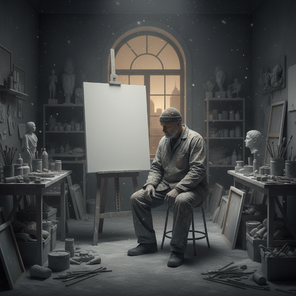Ένας ζωγράφος μέσης ηλικίας κάθεται ακίνητος μπροστά σε έναν άδειο καμβά στο εργαστήριό του, το οποίο καλύπτεται από μια βαριά, γκριζωπή απάθεια που μοιάζει με πάχος χιονιού ή στάχτης, συμβολίζοντας την πλήρη απώλεια του πάθους και της δημιουργικότητας.