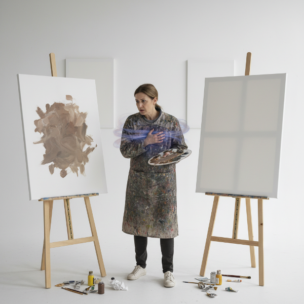 Μια καλλιτέχνις και δασκάλα νιώθει παγιδευμένη σε ένα άδειο ατελιέ με άσπρους καμβάδες, ενώ προσπαθεί να ζωγραφίσει με τρέμουλο χέρι, με τα χρώματα να μοιάζουν λασπωμένες λεκέδες χωρίς νόημα.