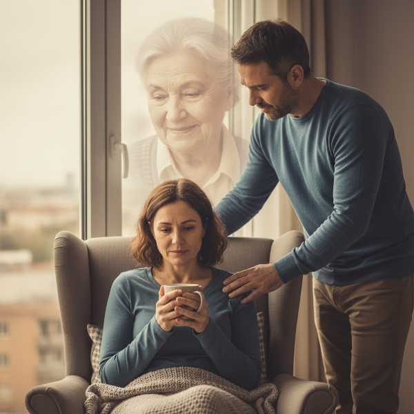 Μια γυναίκα φροντίζει την ηλικιωμένη μητέρα της ενώ προσπαθεί να διατηρήσει τη σχέση της με τον σύζυγό της, απεικονίζοντας την ένταση και την αγάπη μεταξύ των ρόλων της.