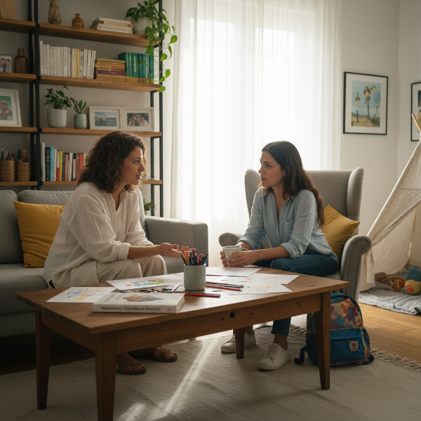 Μια εικόνα που συμβολίζει την υποστήριξη και τη συμβουλή σε ένα παιδί που αντιμετωπίζει άγχος από επιδόσεις, σε ένα ζεστό οικογενειακό περιβάλλον.