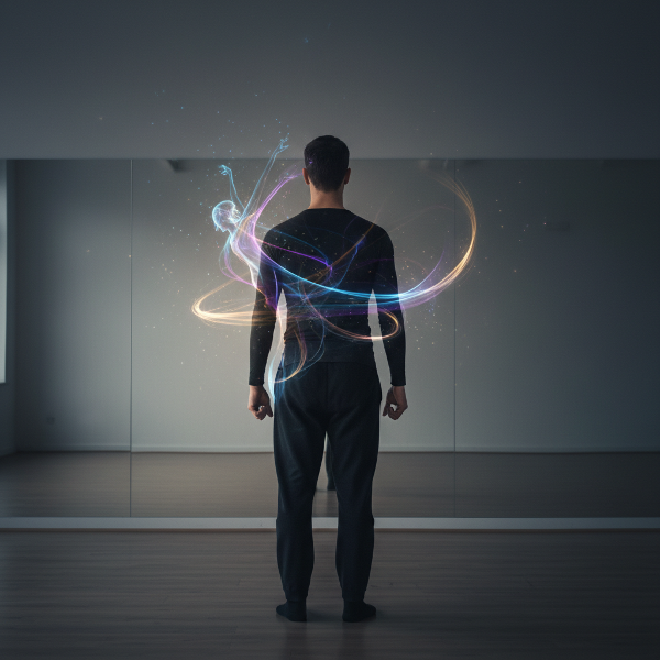 Ένας νεαρός χορογράφος αντιμετωπίζει δημιουργικό άγχος μπροστά σε έναν καθρέφτη στούντιο, ενώ σκιές χορού αρχίζουν να ξεπροβάλλουν από αυτόν, συμβολίζοντας τη δημιουργία που υπάρχει πέρα από τον φόβο.