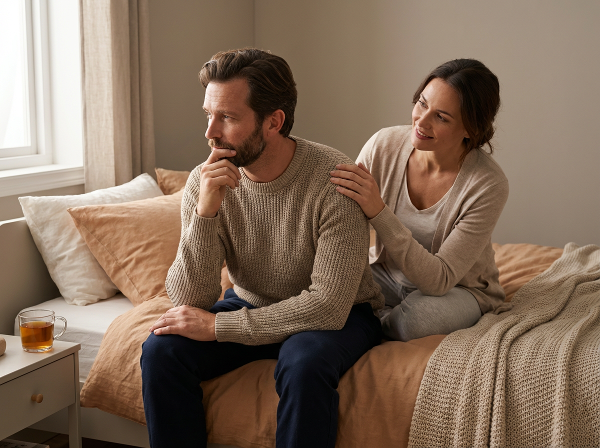 Ένας άντρας και η σύντροφός του σε μια στιγμή ευαίσθητης επικοινωνίας και κατανόησης, σε ένα ζεστό και υποστηρικτικό περιβάλλον.