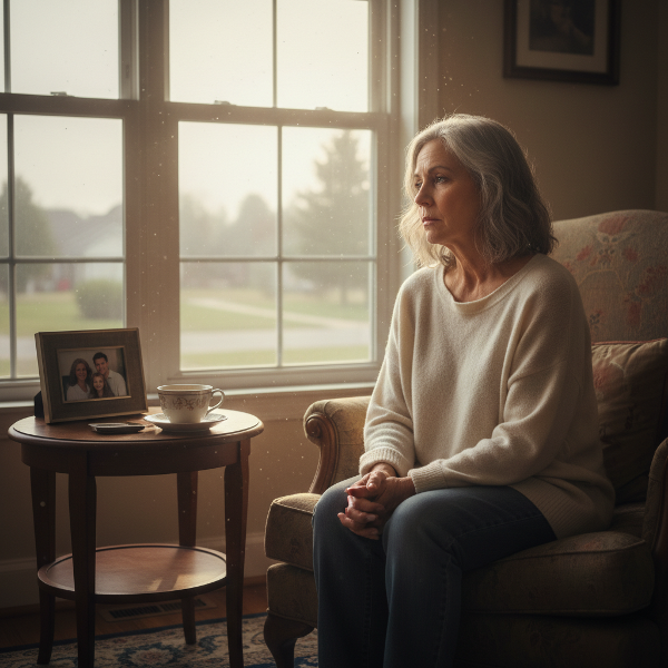 Μια γυναίκα μετά από χρόνια φροντίδας, νιώθει εξάντληση και αναζητά τον εαυτό της σε μια ήσυχη στιγμή μοναξιάς.