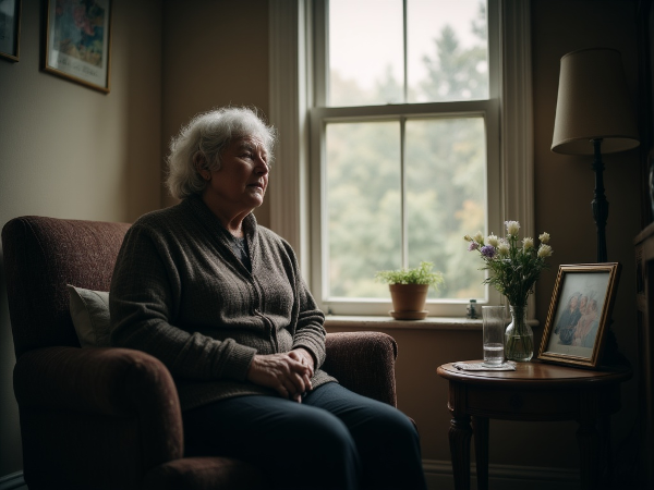 Μια γυναίκα ηλικίας 63 ετών κάθεται μόνη δίπλα σε ένα παράθυρο, κοιτάζοντας έξω με ένα απομακρυσμένο και κουρασμένο βλέμμα, ενώ το δωμάτιο παραμένει ακίνητο και ήσυχο.