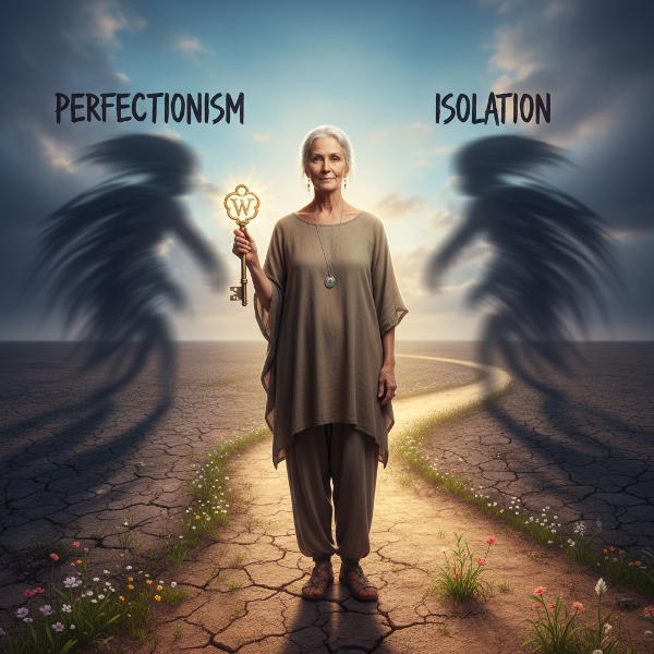 Μια γυναίκα 64 ετών σε σταυροδρόμι, κοιτάζοντας προς ένα φωτεινό μονοπάτι νέων προκλήσεων, ενώ πίσω της υπάρχουν σκιές τελειομανίας και απομόνωσης. Κρατάει ένα κλειδί σοφίας.