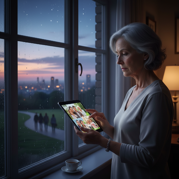 Μια γυναίκα 60 ετών κοιτάζει μελαγχολικά έξω από το παράθυρο το σούρουπο, κρατώντας ένα τάμπλετ με φωτογραφίες οικογένειας, ενώ μια ομάδα ανθρώπων περπατάει μακριά, συμβολίζοντας την επιφανειακή κοινωνική επαφή και την εσωτερική μοναξιά.