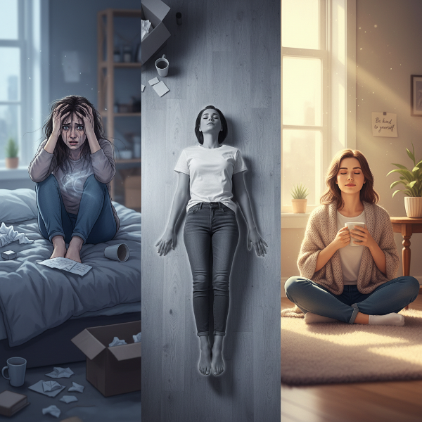 Μια αλληγορική απεικόνιση του συναισθηματικού κύκλου μιας γυναίκας, που δείχνει τη μετάβαση από πανικό σε άρνηση και την αναζήτηση για αυτογνωσία μέσω γειωτικών τεχνικών.