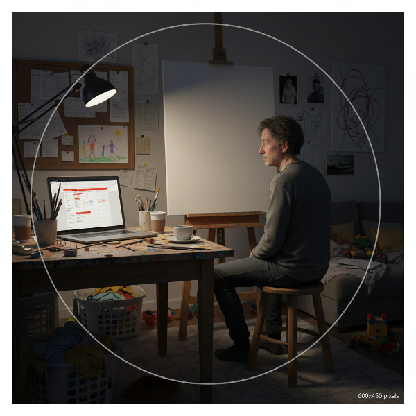 Ένας εξαντλημένος άνδρας μπροστά σε άδειο καμβά, με υποχρεώσεις εργασίας και οικογένειας να τον πνίγουν, συμβολίζοντας τη σύγκρουση μεταξύ δημιουργικότητας, επιβίωσης και ξαφνικής κηδεμονίας.