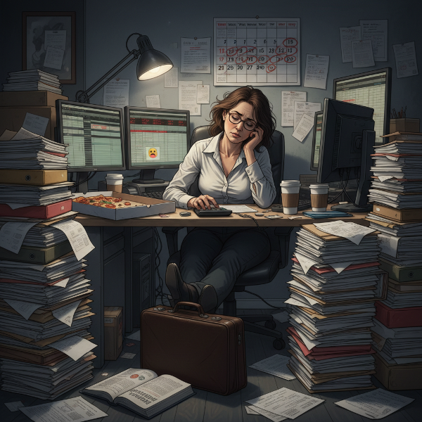 Μια εξαντλημένη γυναίκα λογίστρια σε γραφείο με στοίβες χαρτιών, που αισθάνεται αποκομμένη από την οικογένειά της, απεικονίζοντας χρόνιο στρες και τελειομανία.