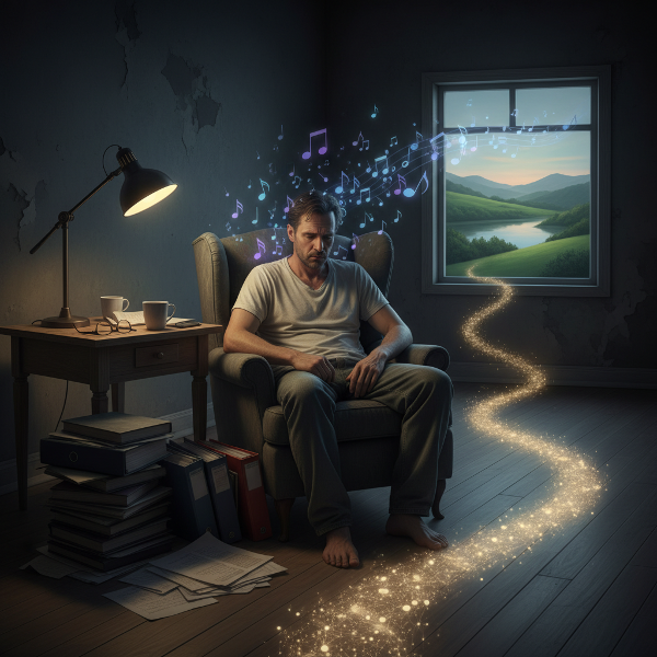 Ένας εξαντλημένος άνδρας σε ηλικία 34 ετών σε ένα δωμάτιο, με μουσικές νότες και βιβλία, που συμβολίζουν την αναζήτηση θεραπείας και αυτοανάπτυξης μέσα από την κόπωση.