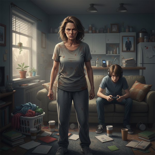 Μια εξαντλημένη γυναίκα μέσα σε ένα τεταμένο οικογενειακό περιβάλλον, που αντιμετωπίζει συναισθήματα θυμού και μοναξιάς, ενώ αναζητά ηρεμία.