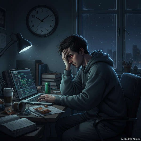 Ένας εξαντλημένος προγραμματιστής αντιμετωπίζει επαγγελματική εξουθένωση, με εικόνες που δείχνουν υπερβολική εργασία, διαταραχές ύπνου και απώλεια ενδιαφέροντος για χόμπι.