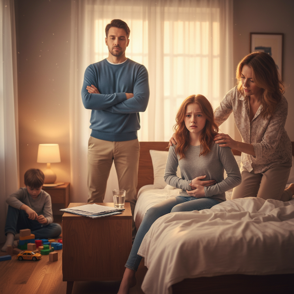 Μια εικόνα που απεικονίζει ένα 12χρονο κορίτσι με έντονη ανησυχία για την υγεία της, τους γονείς της που διαφωνούν για τη διαχείριση της κατάστασης και ένα μικρότερο αδερφάκι που νιώθει παραμελημένο, σε ένα σκηνικό οικογενειακής έντασης.