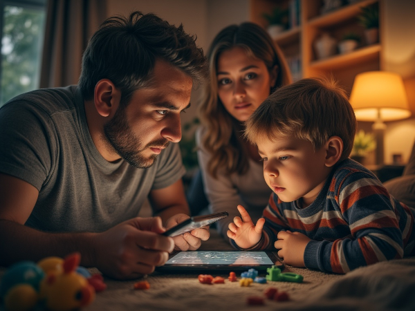 Ένας ανήσυχος πατέρας παρατηρεί τον γιο του να έχει κρίση θυμού για ένα tablet, ενώ η σύζυγός του φαίνεται αμφοίβολη. Το σκηνικό του σπιτιού δείχνει εντάσεις και προκλήσεις ανατροφής.