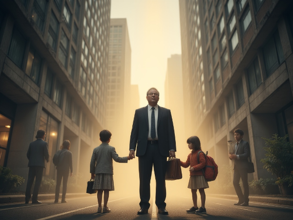 Ένας κουρασμένος πατέρας σε επιχειρηματική ενδυμασία στέκεται σε σταυροδρόμι μεταξύ ενός απαιτητικού γραφείου και ενός ζεστού σπιτιού, κρατώντας τόσο την τσάντα του όσο και του παιδιού, με σκιές συναδέλφων να τον πιέζουν.