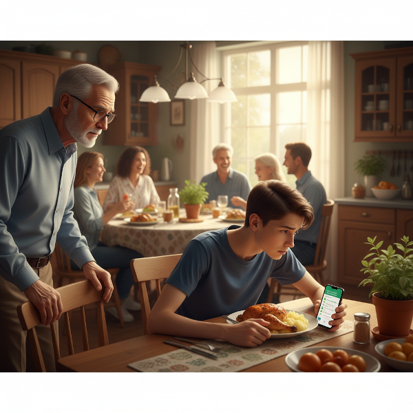 Ένας παππούς παρατηρεί τον εγγονό του να αποφεύγει το γεύμα, μετρά θερμίδες και φαίνεται αγχωμένος, σε μια κουζίνα που δείχνει οικογενειακή ανησυχία.