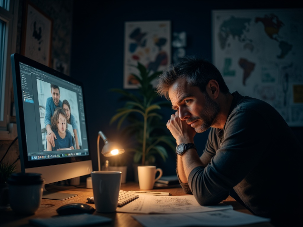 Ένας άντρας σε νυχτερινή σκηνή προσπαθεί να μάθει γραφιστική, αντιμετωπίζοντας το πένθος μιας αποτυχίας, με μια οικογενειακή φωτογραφία να τον θυμίζει τις υποχρεώσεις του.