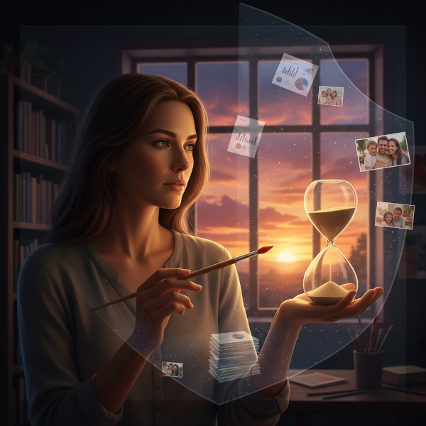 Μια στοχαστική γυναίκα ισορροπεί ένα κλεψύδρα και ένα πινέλο, με ένα ημιδιάφανο ασπίδα που αντανακλά τις εργασιακές και οικογενειακές της υποχρεώσεις, ενώ ένα ηλιοβασίλεμα φωτίζει το δωμάτιο.