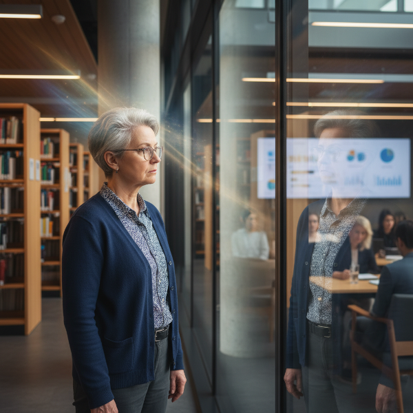 Μια βιβλιοθηκάριος μέσης ηλικίας κοιτάζει τον εαυτό της σε ένα παράθυρο, όπου βλέπει ένα πιο σίγουρο alter ego να παρουσιάζει. Η σκηνή συμβολίζει τον εσωτερικό αγώνα με το σύνδρομο του απατεώνα και την αναζήτηση εμπιστοσύνης.