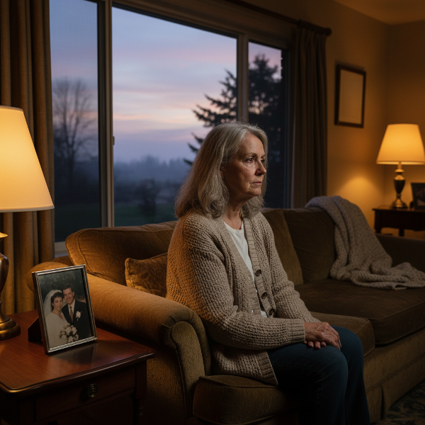 Μια γυναίκα ηλικίας 61 ετών κάθεται μόνη σε ένα καναπέ, κοιτάζοντας μελαγχολικά έξω από το παράθυρο, ενώ ένα φωτογραφικό πλαίσιο με γαμήλια εικόνα είναι ορατό δίπλα της, συμβολίζοντας τη μοναξιά και την απόσταση σε έναν μακροχρόνιο γάμο.